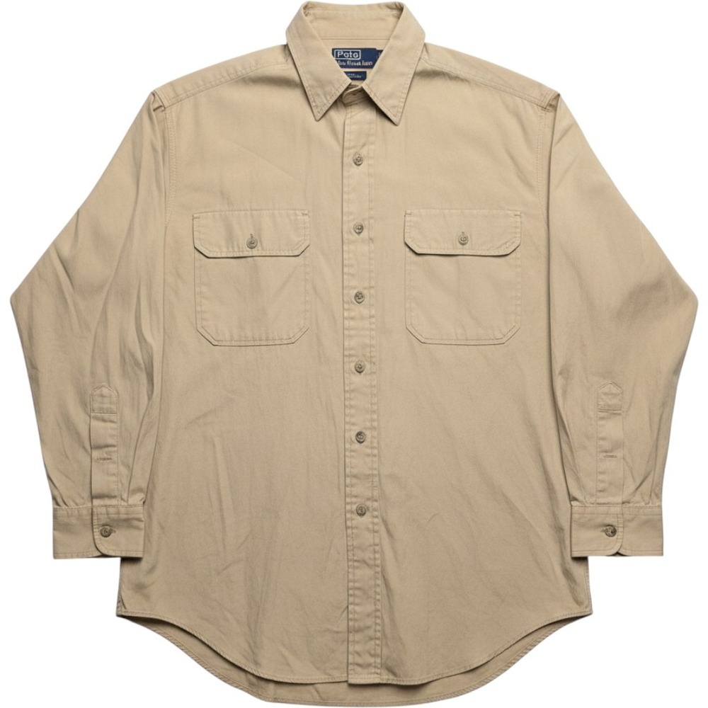 Polo Ralph Lauren Mens Tan Khaki Cotton Utility Work Shirt Button Down Size 90